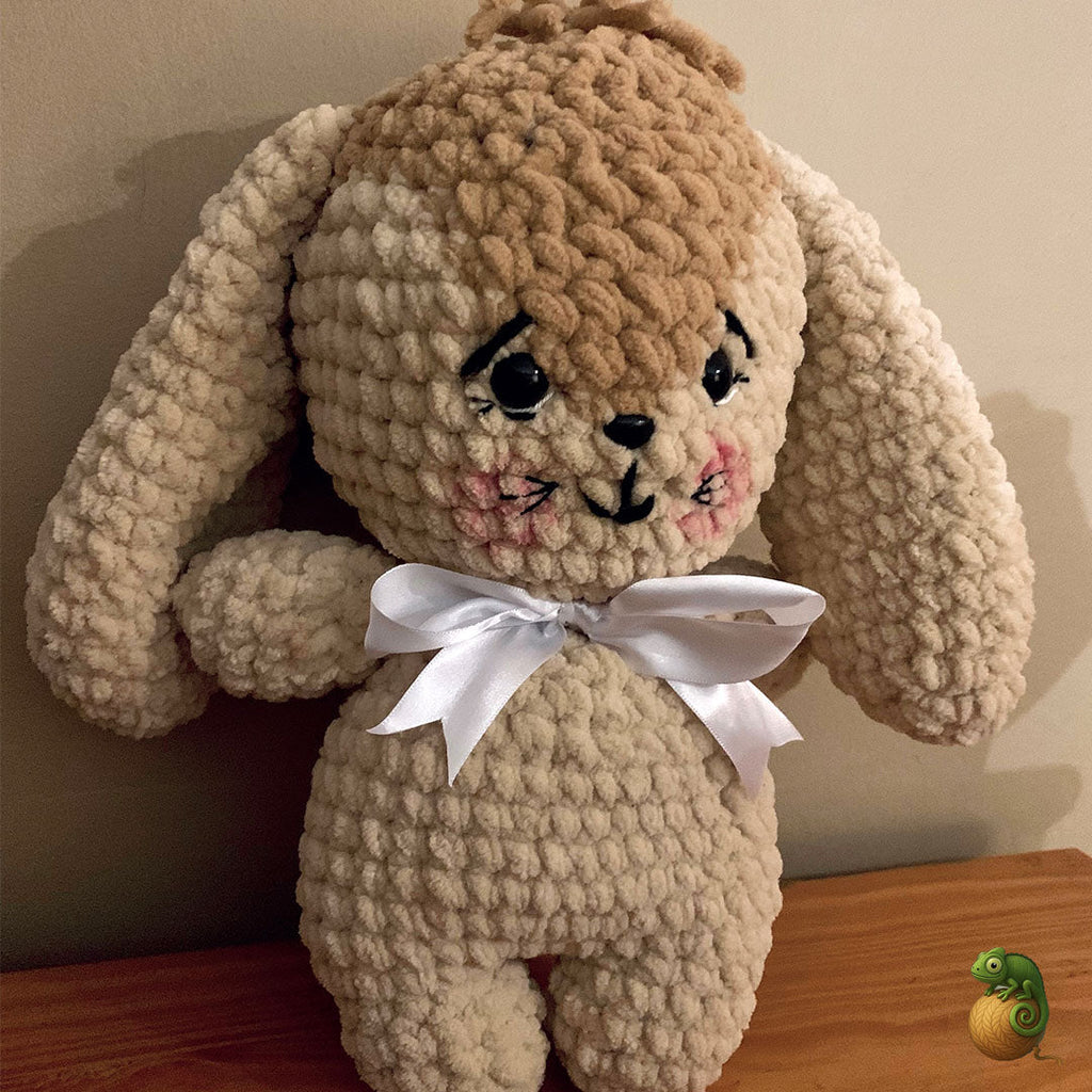Crochet Bunny Plush with Bow Tie – Handmade with Chanel Wool - ChameleonCrotchet