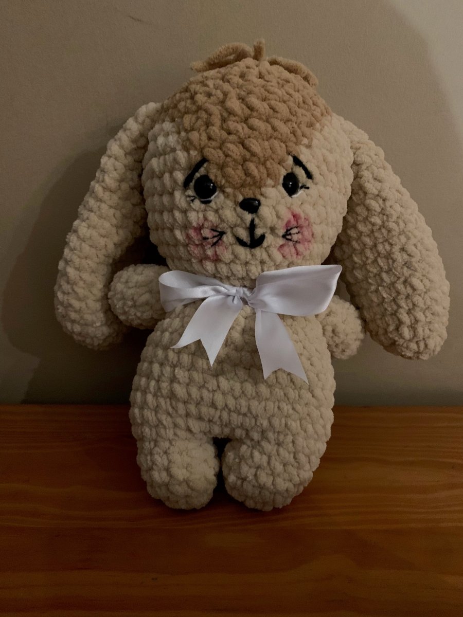 Crochet Bunny Plush with Bow Tie – Handmade with Chanel Wool - ChameleonCrotchet