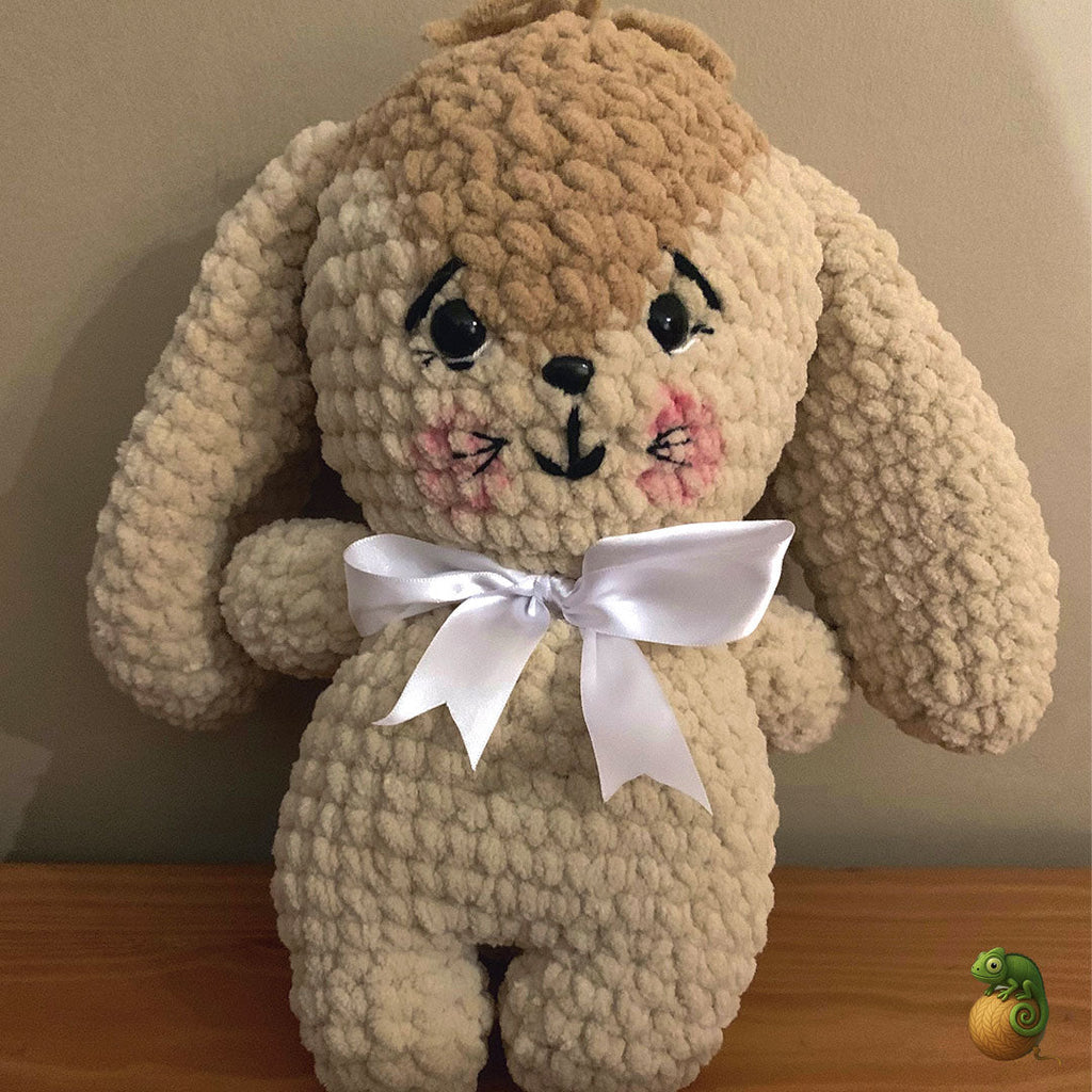 Crochet Bunny Plush with Bow Tie – Handmade with Chanel Wool - ChameleonCrotchet