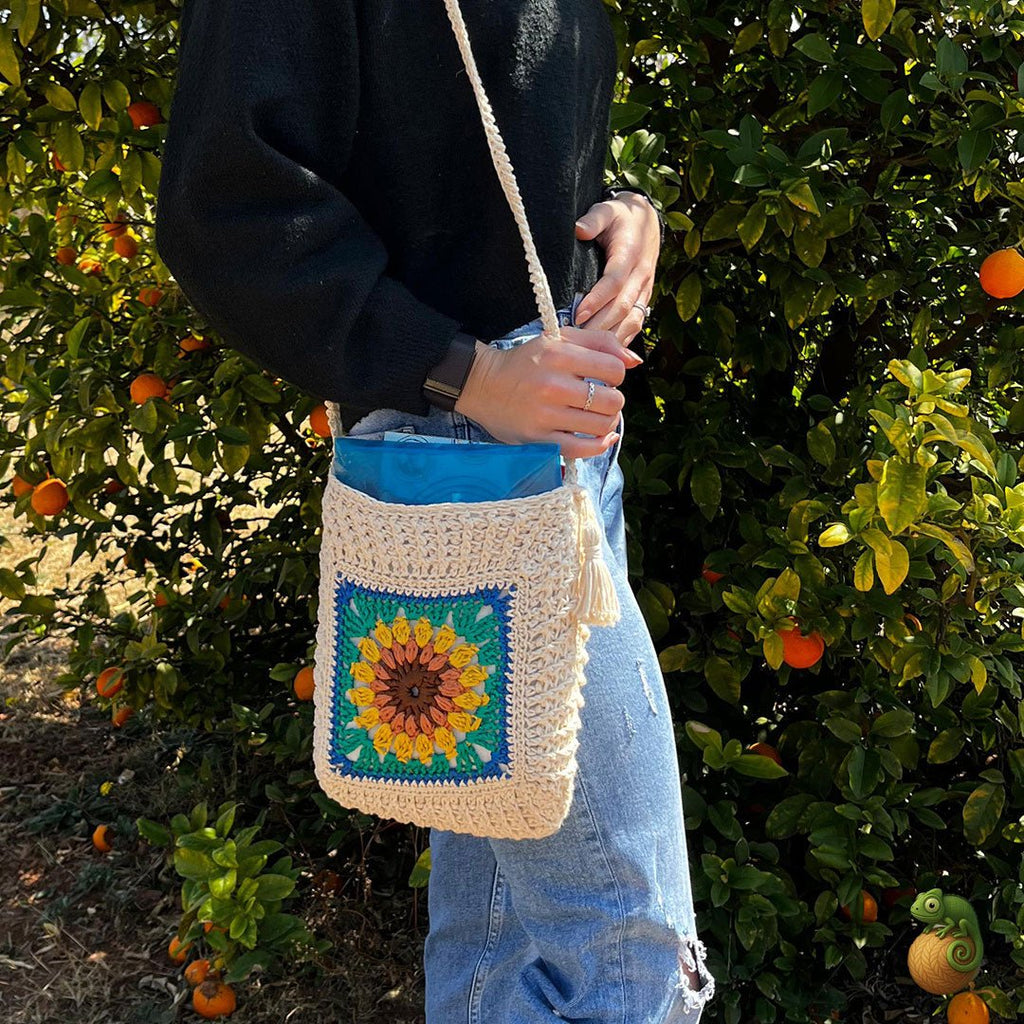 Crochet Handbag with Tassels & Quilted Sunflower Patch - ChameleonCrotchet