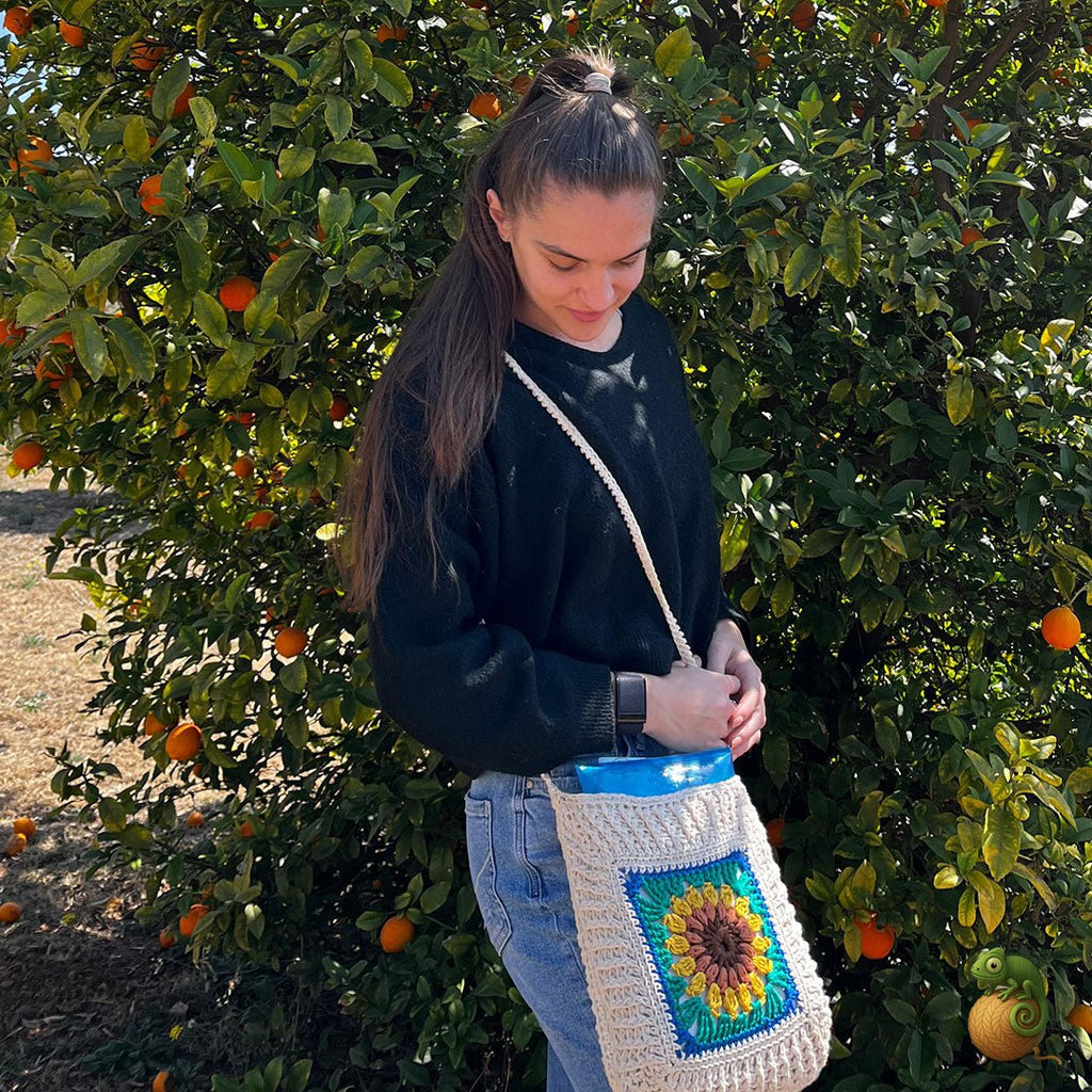 Crochet Handbag with Tassels & Quilted Sunflower Patch - ChameleonCrotchet