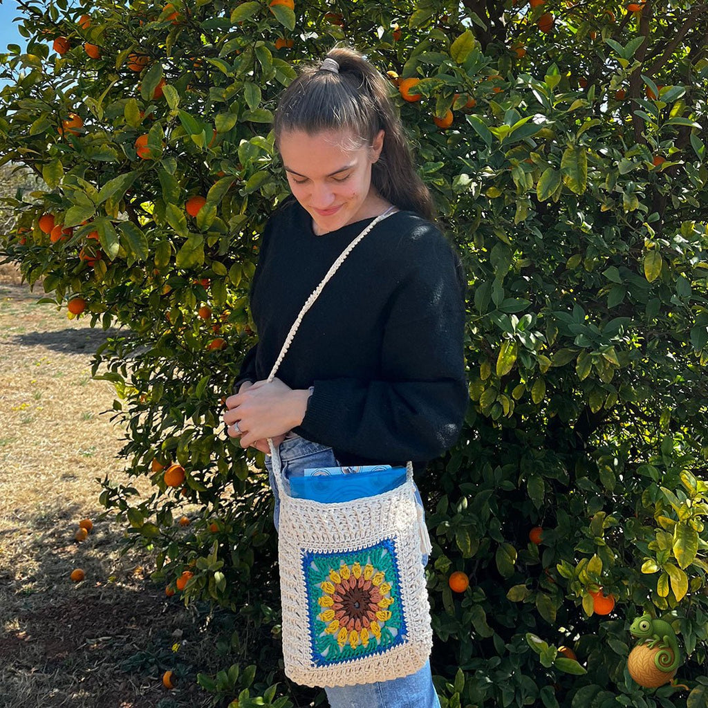 Crochet Handbag with Tassels & Quilted Sunflower Patch - ChameleonCrotchet