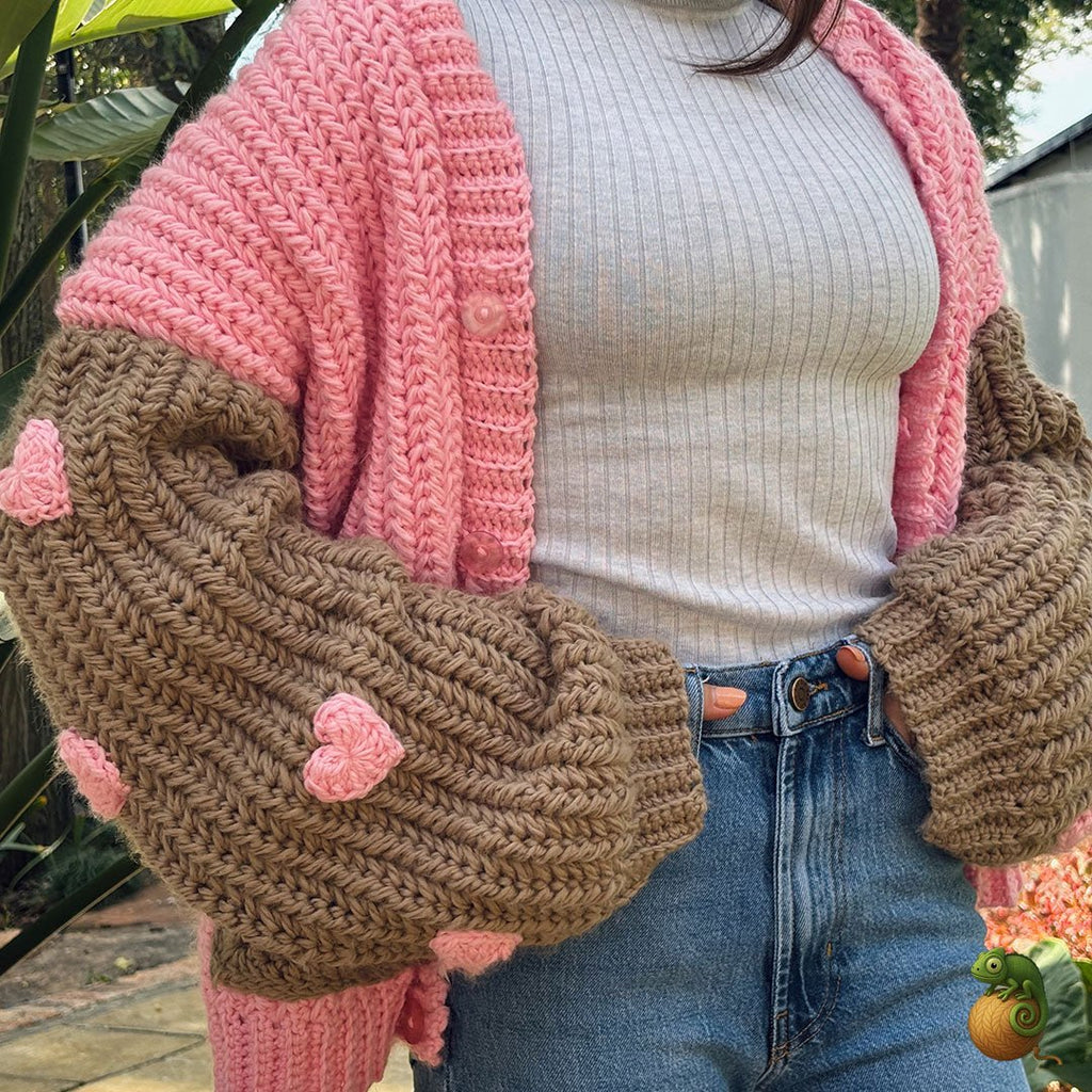 Pink & Brown Crochet Heart Patch Jersey – Handmade Button - Up - ChameleonCrotchet