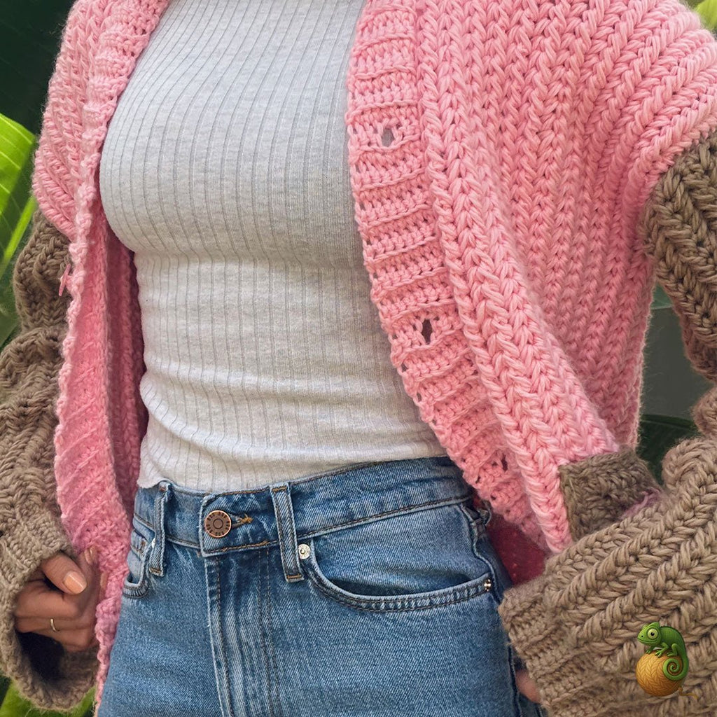 Pink & Brown Crochet Heart Patch Jersey – Handmade Button - Up - ChameleonCrotchet