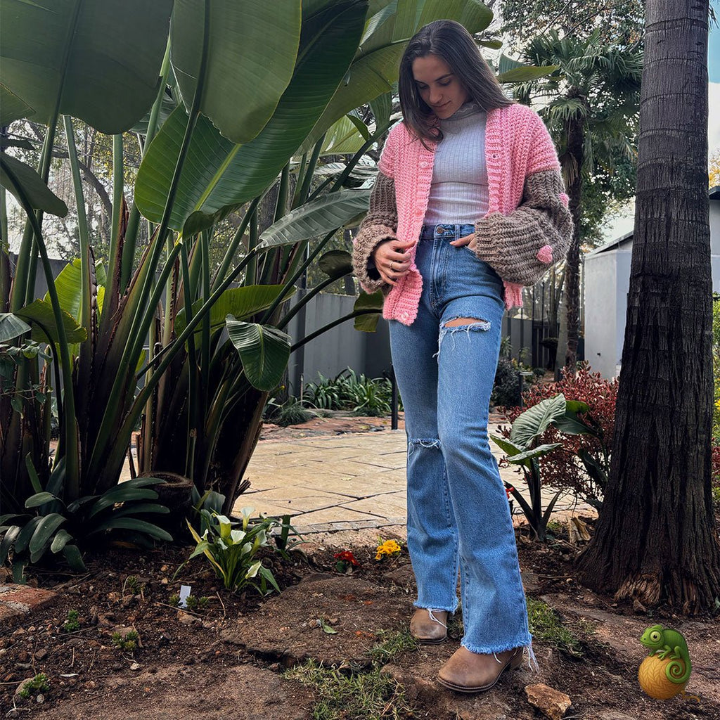Pink & Brown Crochet Heart Patch Jersey – Handmade Button - Up - ChameleonCrotchet