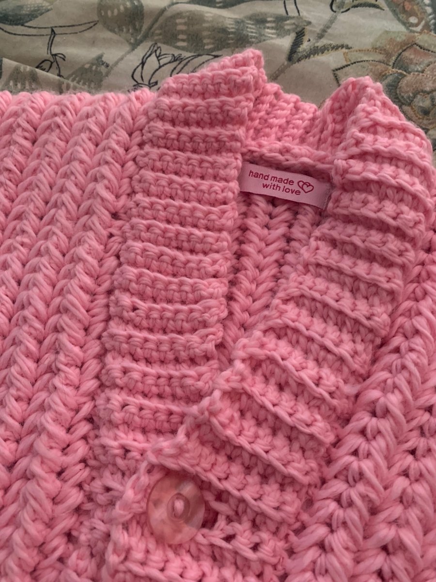 Pink & Brown Crochet Heart Patch Jersey – Handmade Button - Up - ChameleonCrotchet