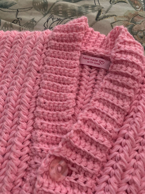 Pink & Brown Crochet Heart Patch Jersey – Handmade Button - Up - ChameleonCrotchet