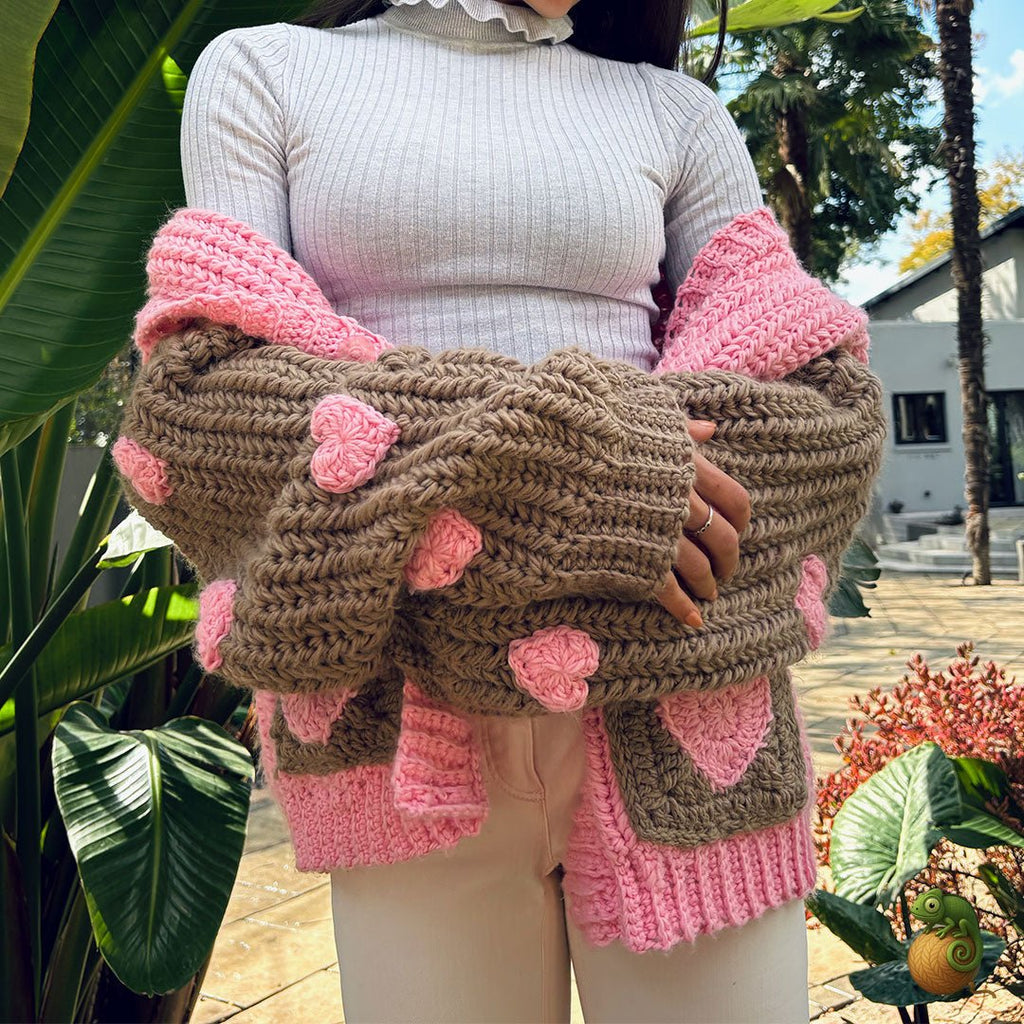 Pink & Brown Crochet Heart Patch Jersey – Handmade Button - Up - ChameleonCrotchet