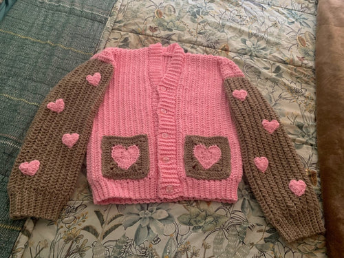 Pink & Brown Crochet Heart Patch Jersey – Handmade Button - Up - ChameleonCrotchet